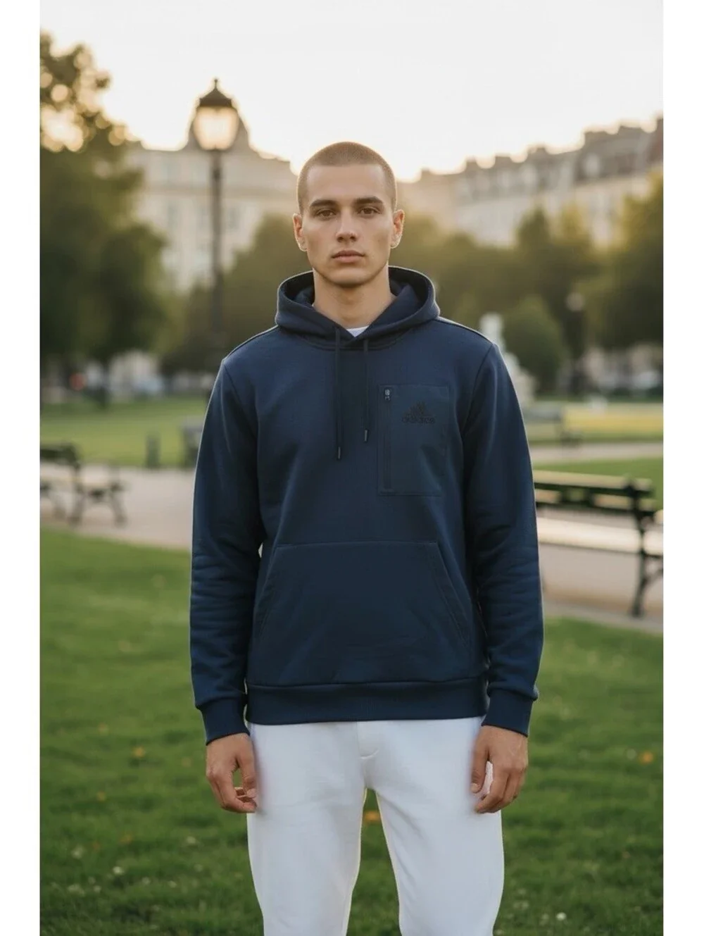 Adidas Navy Blue Tech Fleece Hoodie - Men’s Small - Zip Chest Pocket